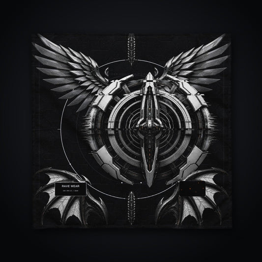 Deep Field Rite Bandana: black rave bandana with chrome star chart design with angel wings