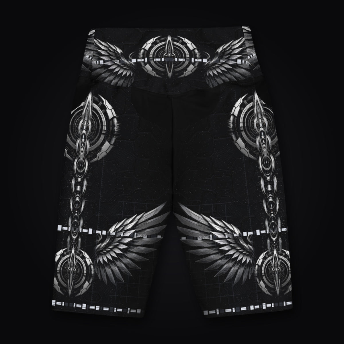 Deep Field Rite Biker Shorts: black rave biker shorts with silver angel and demon wing design, back view