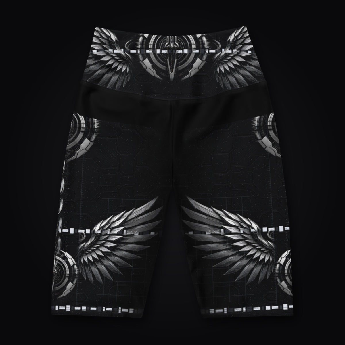 Deep Field Rite Biker Shorts: black rave biker shorts with silver angel and demon wing design, front view