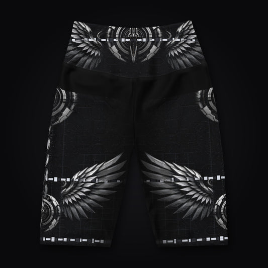 Deep Field Rite Biker Shorts: black rave biker shorts with silver angel and demon wing design, front view