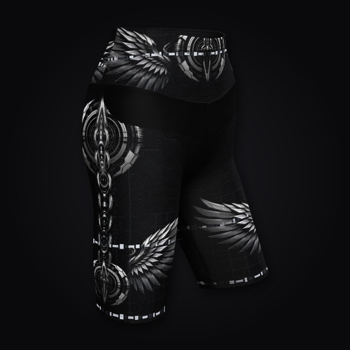 Deep Field Rite Biker Shorts: black rave biker shorts with white and grey angel and demon wing design, right front view