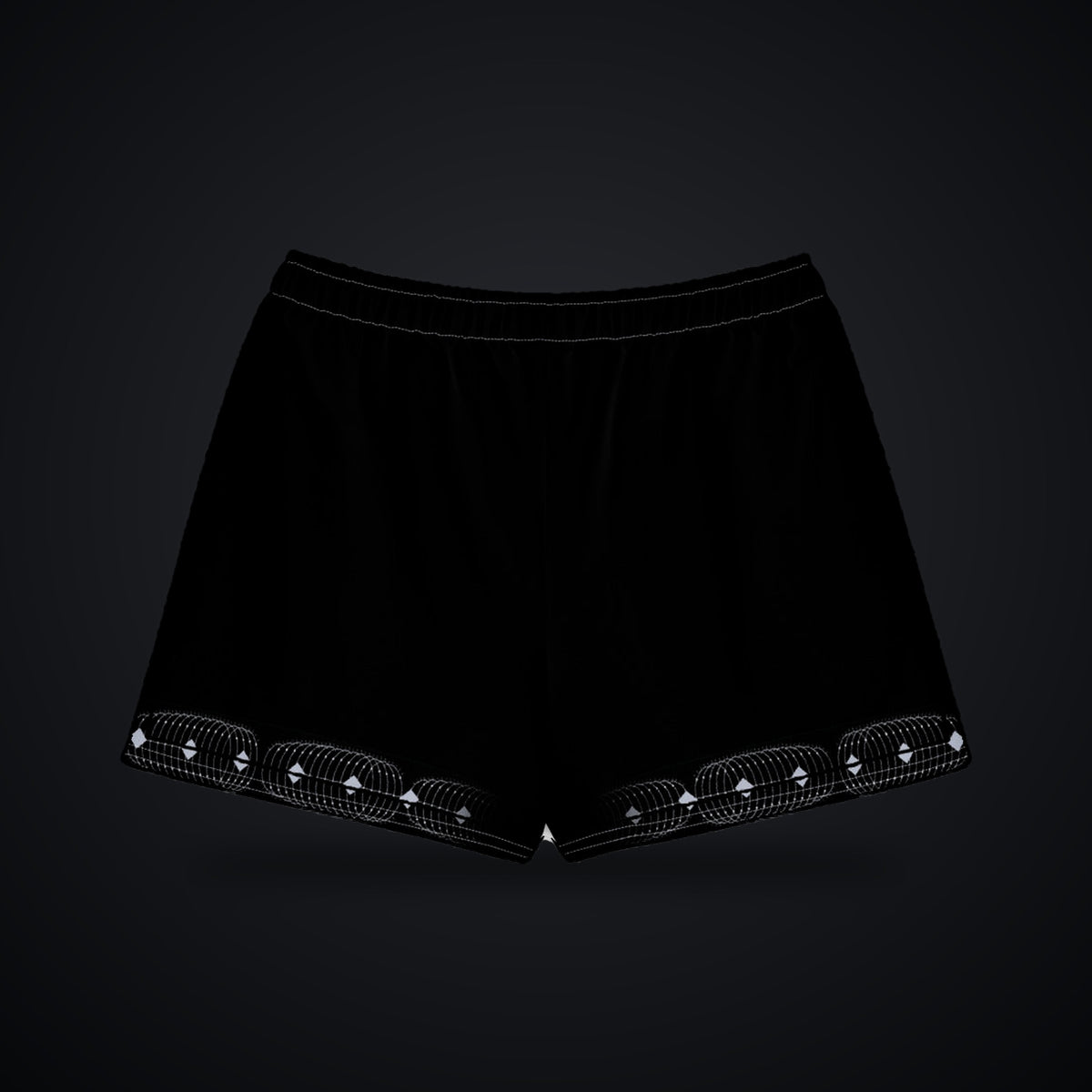 Deep Field Rite Cotton Shorts: black rave cotton shorts with Deep Field Rite design on the outer leg rails and hem, back view