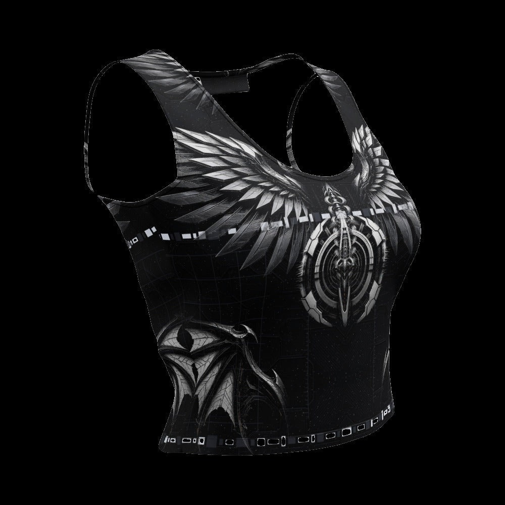 Deep Field Rite Crop Top: black rave crop top with silver angel and demon wing design, left front view