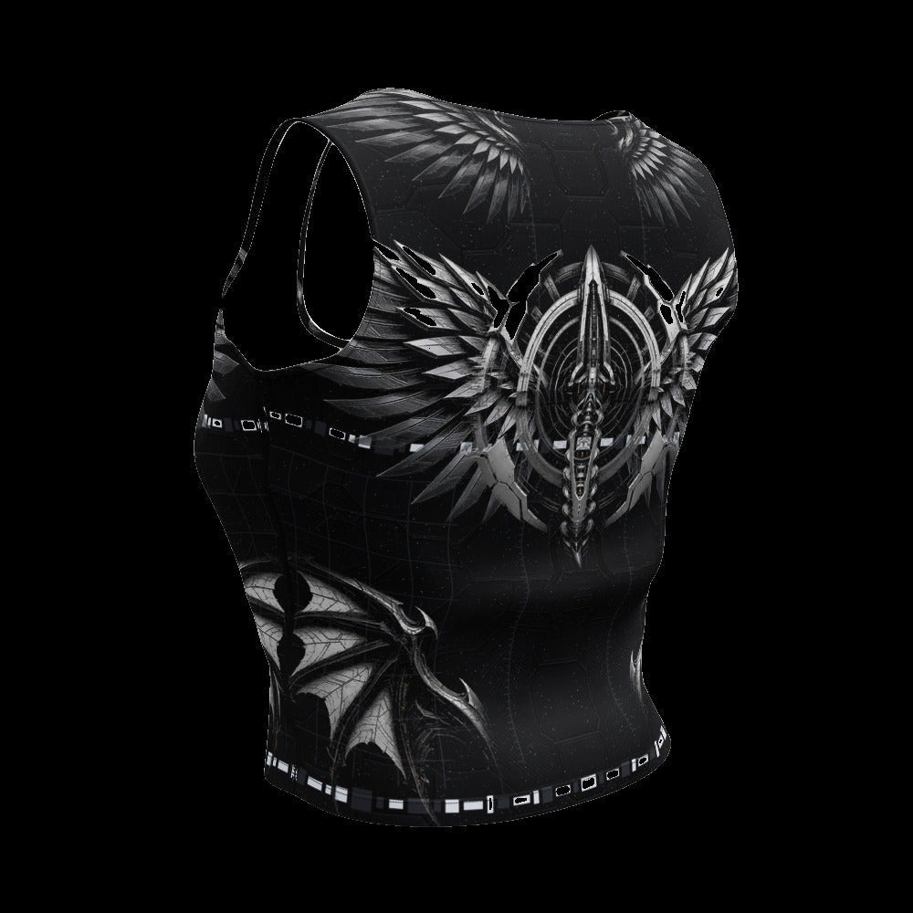 Deep Field Rite Crop Top: black rave crop top with silver angel and demon wing design, side view