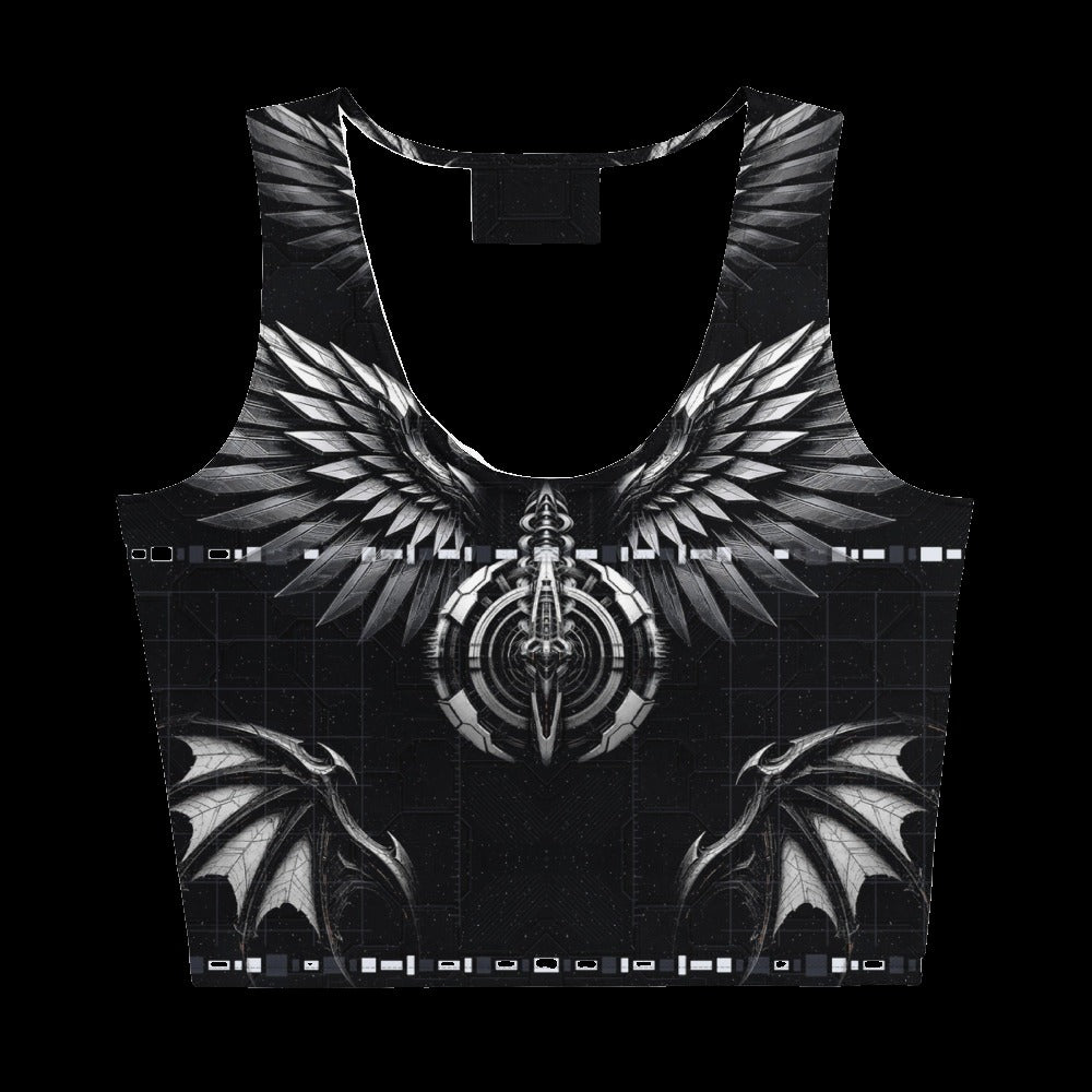 Deep Field Rite Crop Top: black rave crop top with silver angel and demon wing design, front view