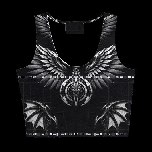 Deep Field Rite Crop Top: black rave crop top with silver angel and demon wing design, front view