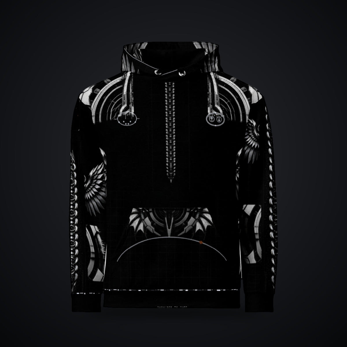 Deep Field Rite Hoodie: black rave hoodie with chrome star chart design with angel wings, front view