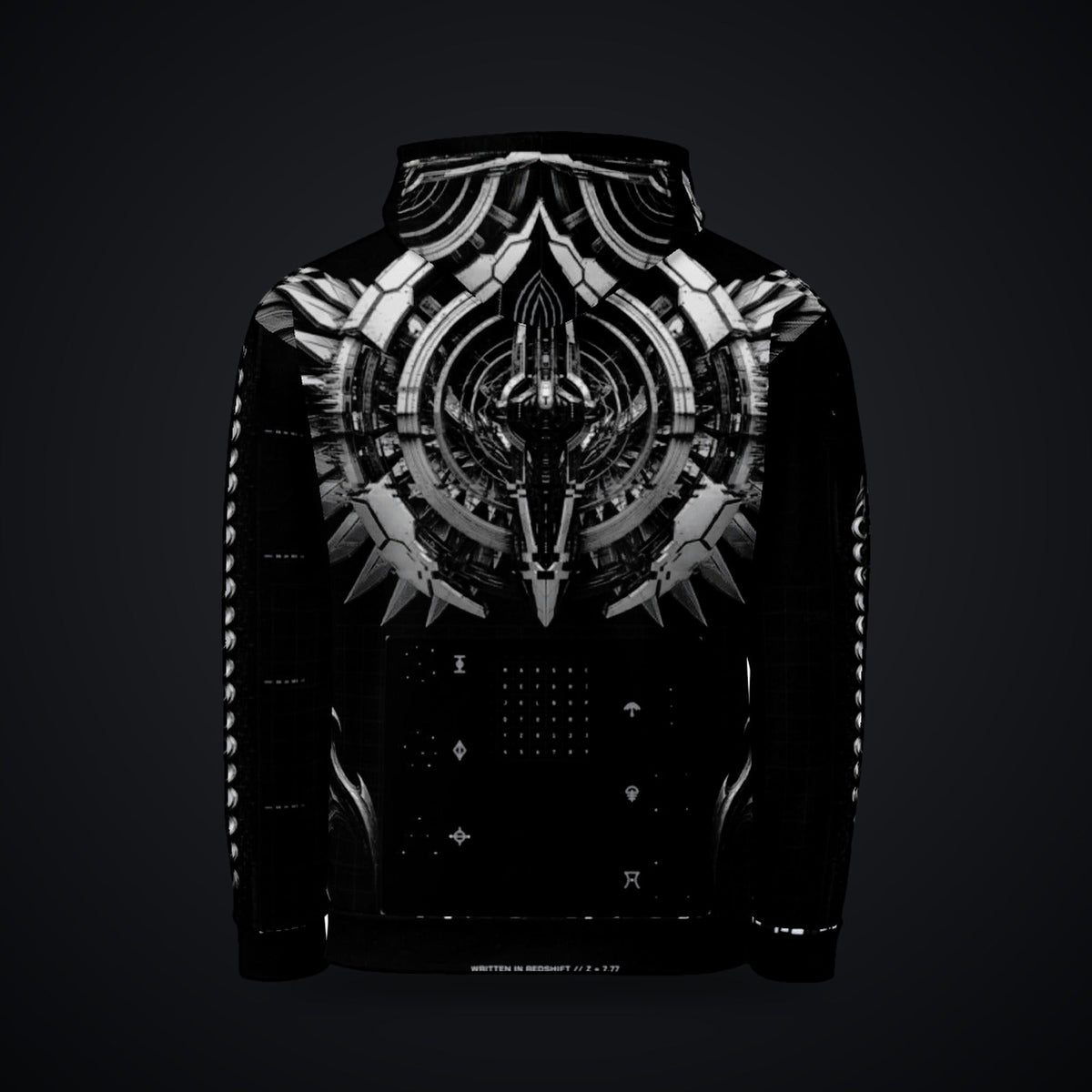 Deep Field Rite Hoodie: black rave hoodie with chrome star chart design with angel wings, back view