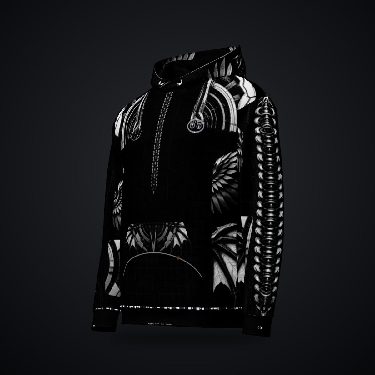 Deep Field Rite Hoodie: black rave hoodie with chrome star chart design with angel wings, left front view