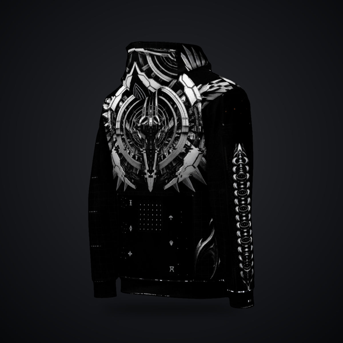 Deep Field Rite Hoodie: black rave hoodie with chrome star chart design with angel wings, right back view