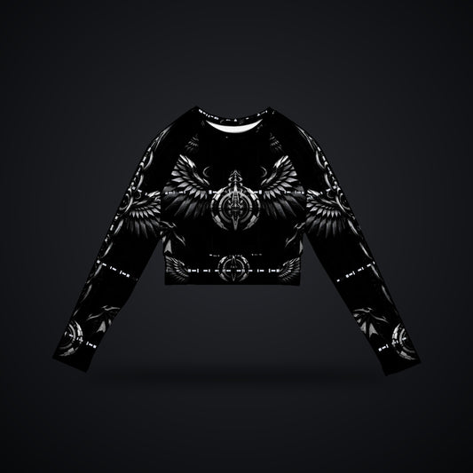 Deep Field Rite Long Sleeve Crop Top: black rave long sleeve crop top with white and grey angel and demon wing design, front view