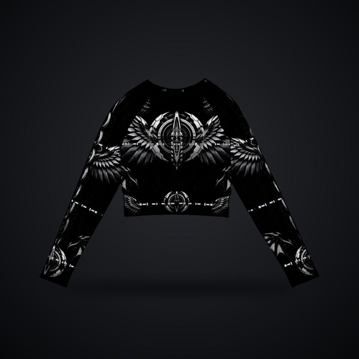 Deep Field Rite Long Sleeve Crop Top: black rave long sleeve crop top with white and grey angel and demon wing design, back view