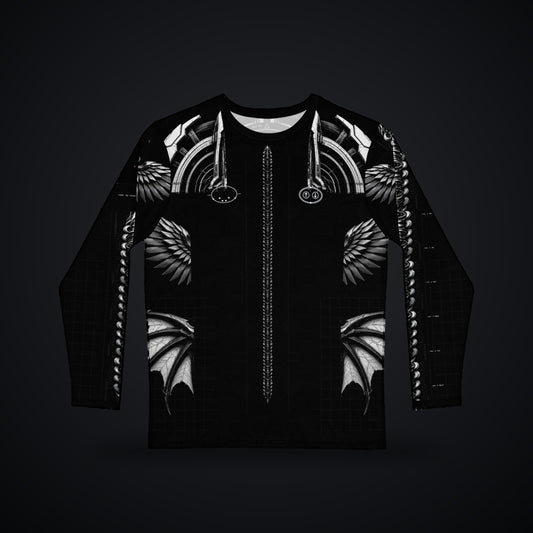 Deep Field Rite Long Sleeve: black rave long sleeve shirt with chrome star chart design with angel wings, front view