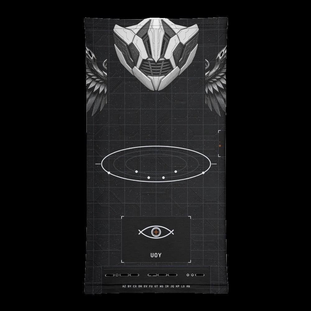Deep Field Rite Neck Gaiter: black rave neck gaiter with chrome star chart design with angel wings