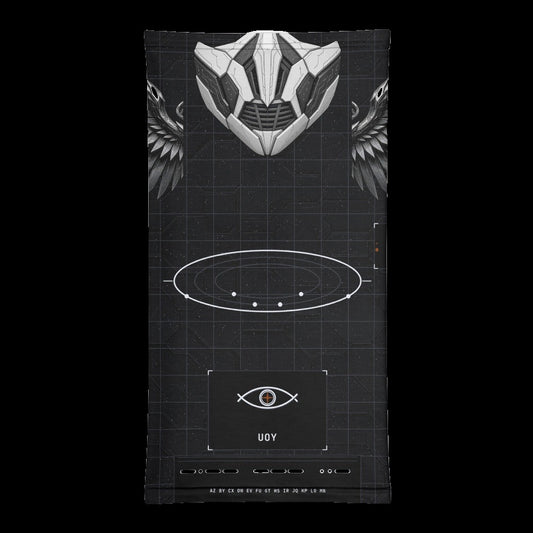 Deep Field Rite Neck Gaiter: black rave neck gaiter with chrome star chart design with angel wings