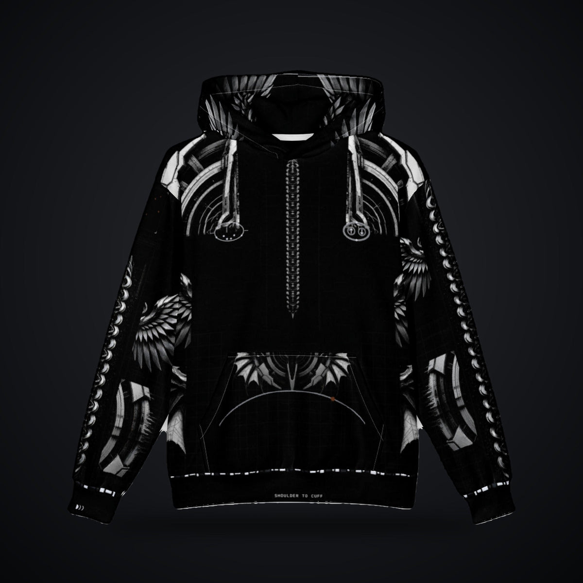 Deep Field Rite Oversized Cotton Hoodie: black oversized rave hoodie with chrome star chart design with angel wings, front view