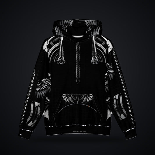 Deep Field Rite Oversized Cotton Hoodie: black oversized rave hoodie with chrome star chart design with angel wings, front view