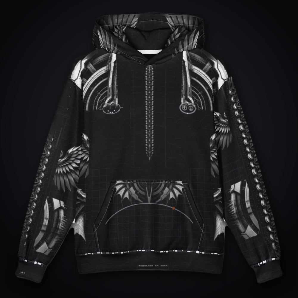 Deep Field Rite Oversized Cotton Hoodie: black oversized rave hoodie with chrome star chart design with angel wings