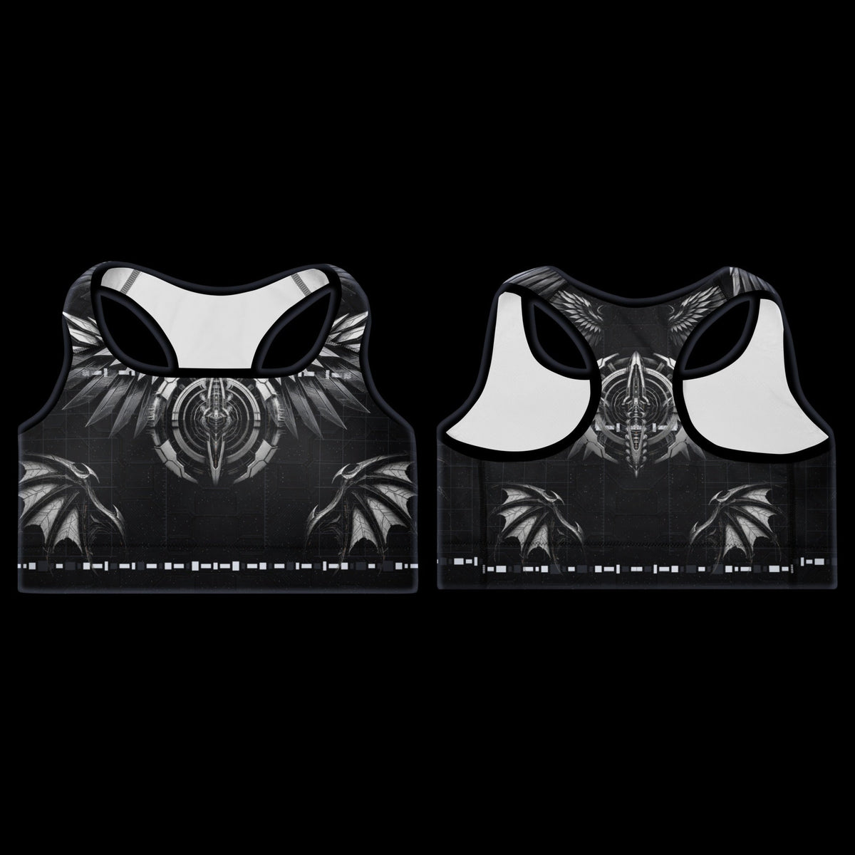 Deep Field Rite padded sports bra in black, front and back views side by side