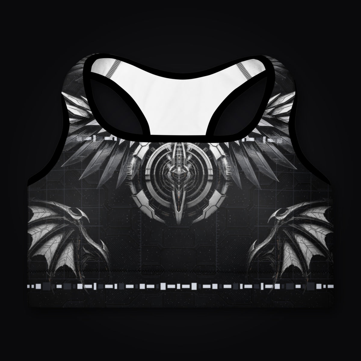 Deep Field Rite padded sports bra laid flat, front view, black with silver winged emblem artwork and white inner lining