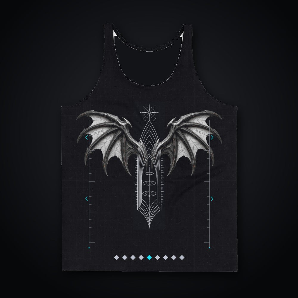 Deep Field Rite Tank Top: black rave tank top with chrome bat wing and spire design, front view