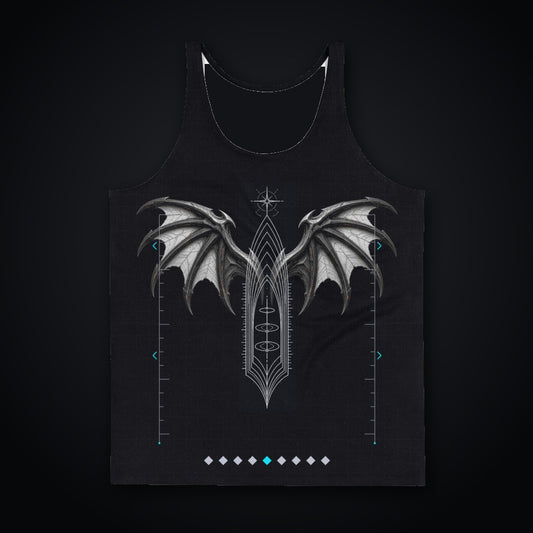 Deep Field Rite Tank Top: black rave tank top with chrome bat wing and spire design, front view