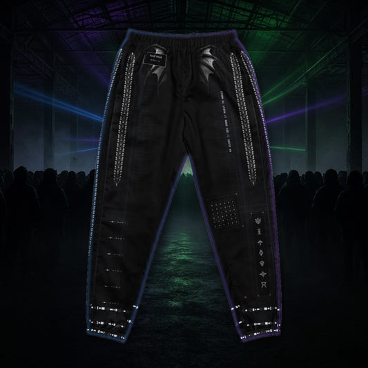 Deep Field Rite Track Pants: black rave track pants with chrome star chart design with angel wings, front view