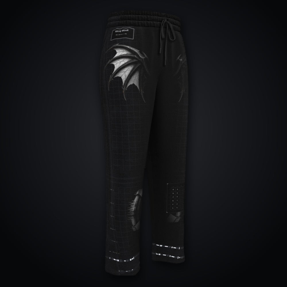 Deep Field Rite Wide-Leg Joggers: black wide-leg rave joggers with chrome demon wing and grid design