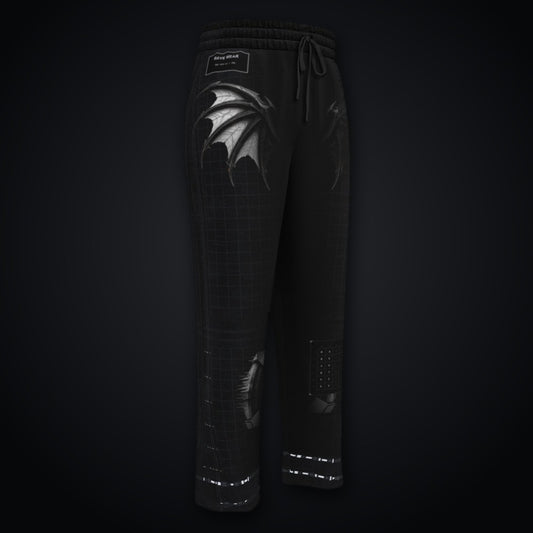 Deep Field Rite Wide-Leg Joggers: black wide-leg rave joggers with chrome demon wing and grid design