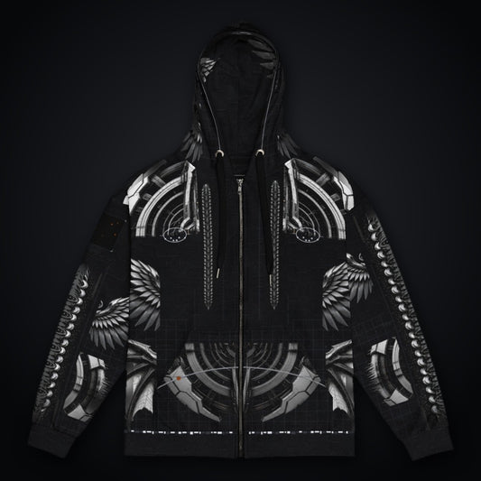 Deep Field Rite Zip Hoodie: black rave zip hoodie with chrome star chart design with angel wings