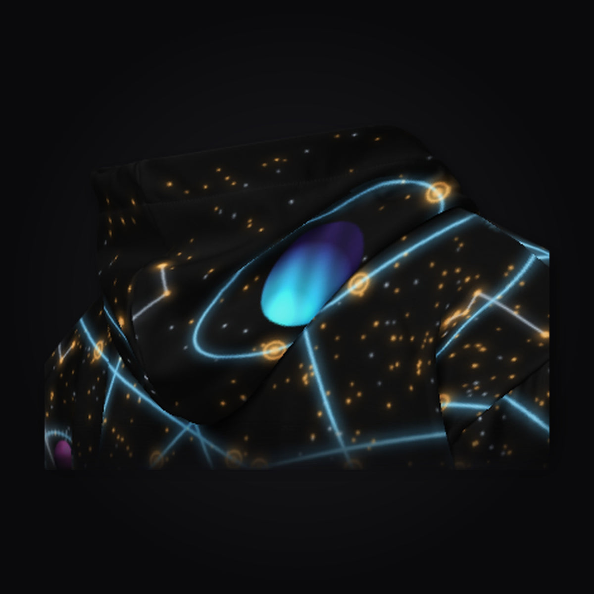 Deep Survey zip hoodie in black, hood close-up: a blue planet and its orbit over a field of gold stars