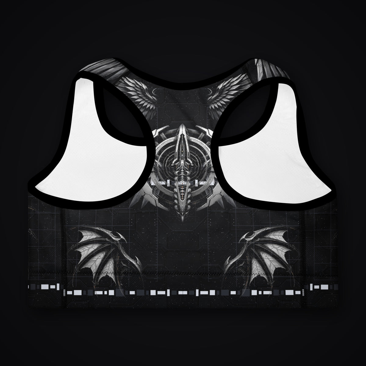 Deep Field Rite padded sports bra laid flat, racerback back view with white inner lining