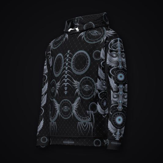 Grave Mirror Gothic Rave Hoodie, left front three-quarter view, black with silver-grey occult artwork