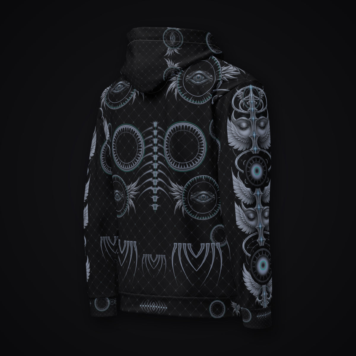 Grave Mirror Gothic Rave Hoodie: black rave hoodie with gunmetal winged eye design with mint accents, left front view