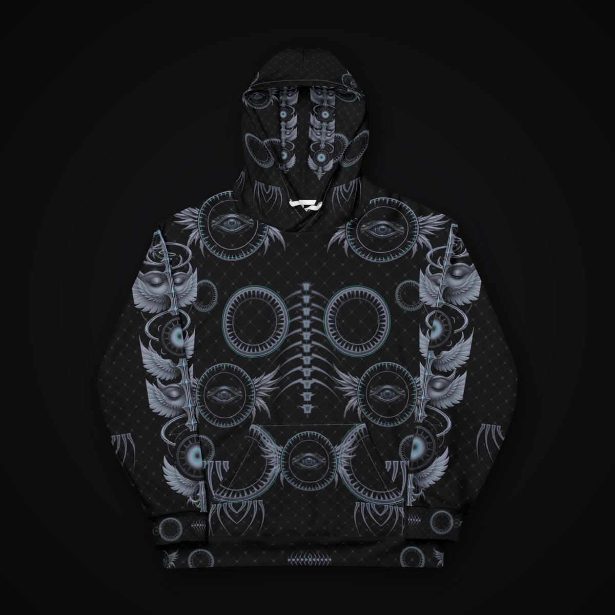 Grave Mirror Gothic Rave Hoodie: black rave hoodie with gunmetal winged eye design with mint accents, front view