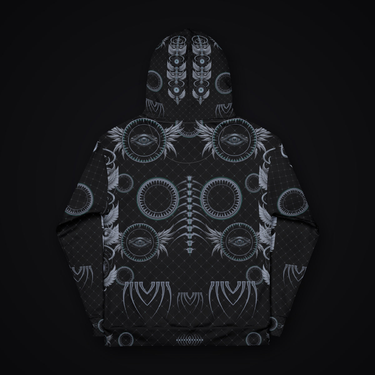 Grave Mirror Gothic Rave Hoodie: black rave hoodie with gunmetal winged eye design with mint accents, back view