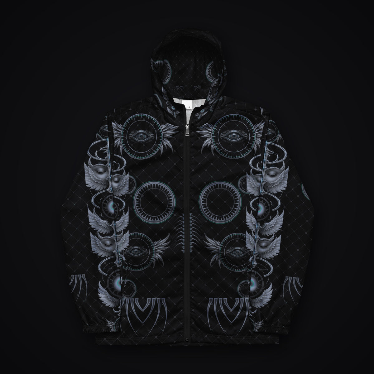 Grave Mirror Gothic Rave Windbreaker, front view, black with silver-grey occult mirror and eye artwork