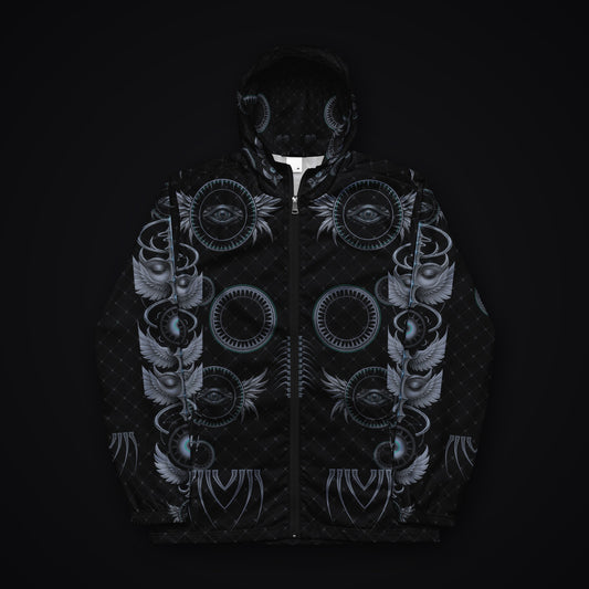 Grave Mirror Gothic Rave Windbreaker, front view, black with silver-grey occult mirror and eye artwork