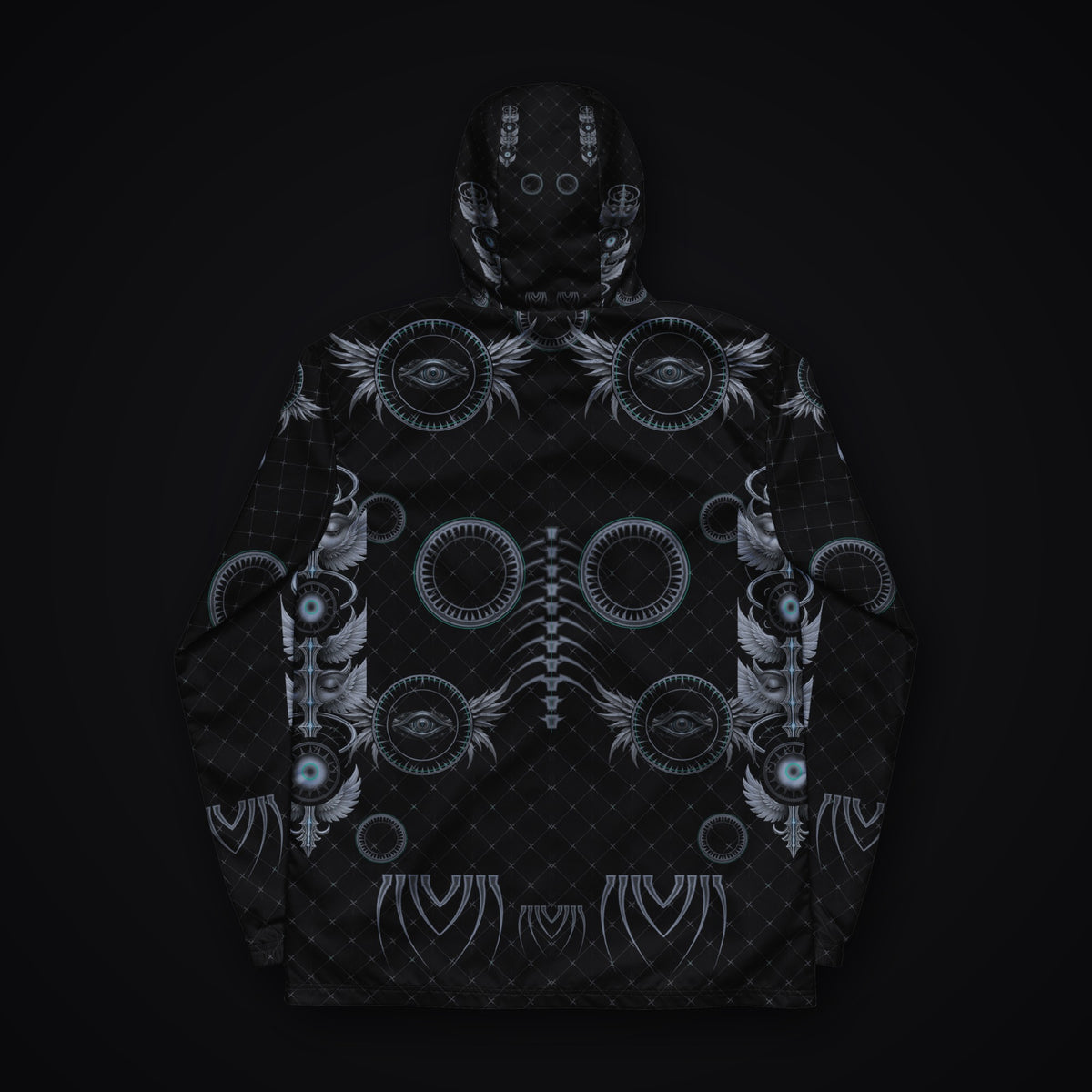 Grave Mirror Gothic Rave Windbreaker, back view with hood up, black with silver-grey artwork