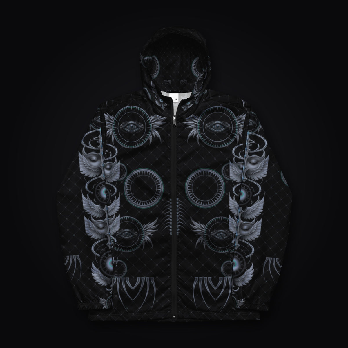 Grave Mirror Gothic Rave Windbreaker zipped closed, front view with hood, winged eye and ring artwork on black