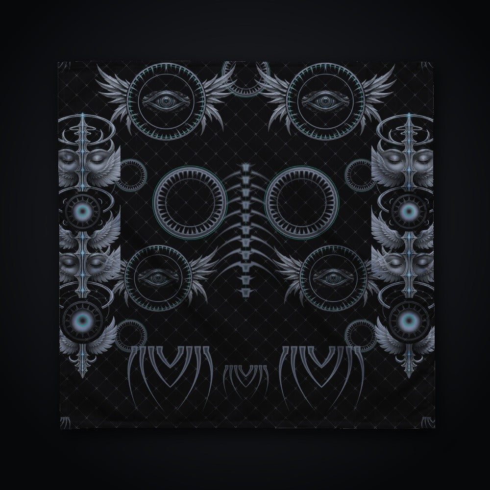 Grave Mirror Gothic Rave Bandana: black rave bandana with gunmetal winged eye design with mint accents