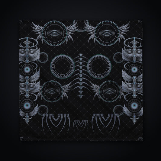 Grave Mirror Gothic Rave Bandana: black rave bandana with gunmetal winged eye design with mint accents