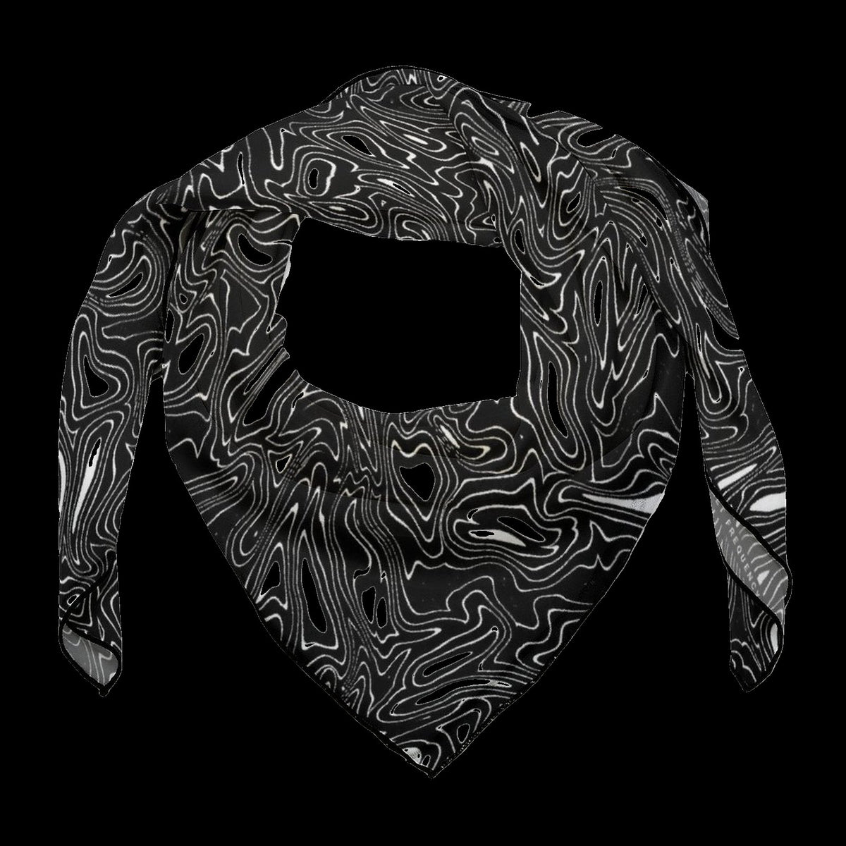 Ink Marble Black Scarf: black square rave scarf with white ink marble swirl design, draped view