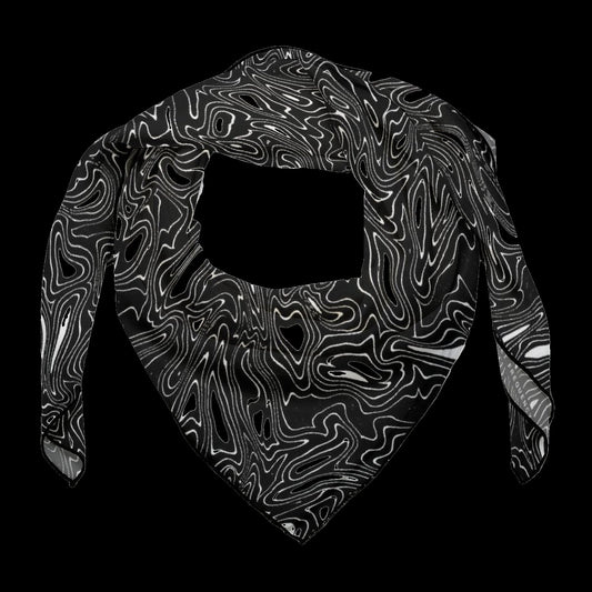 Ink Marble Black Scarf: black square rave scarf with white ink marble swirl design, draped view