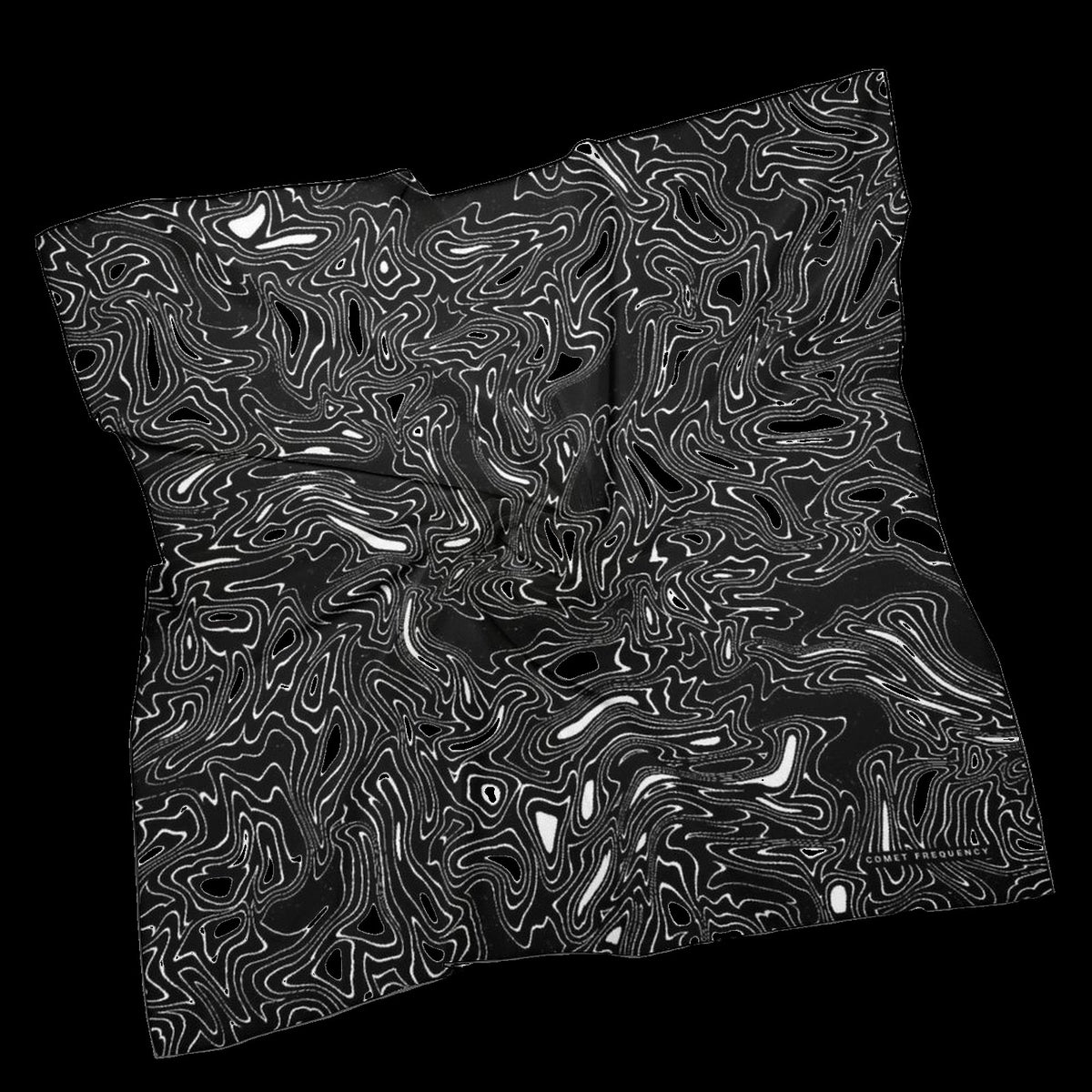 Ink Marble Black Scarf: black square rave scarf with white ink marble swirl design