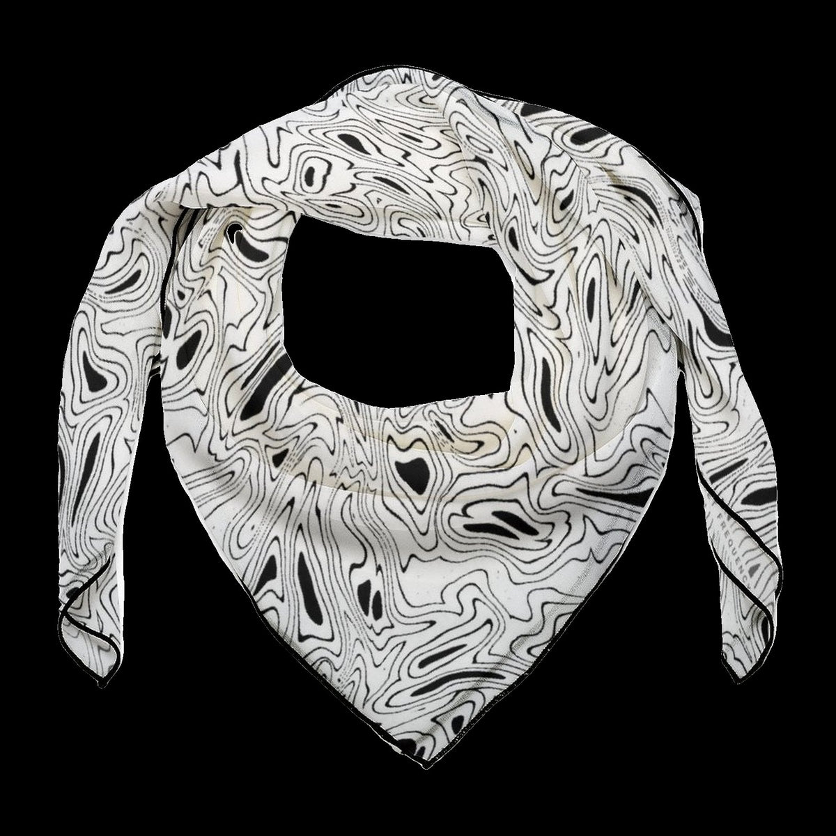 Ink Marble White Scarf: white square rave scarf with black ink marble swirl design, draped view