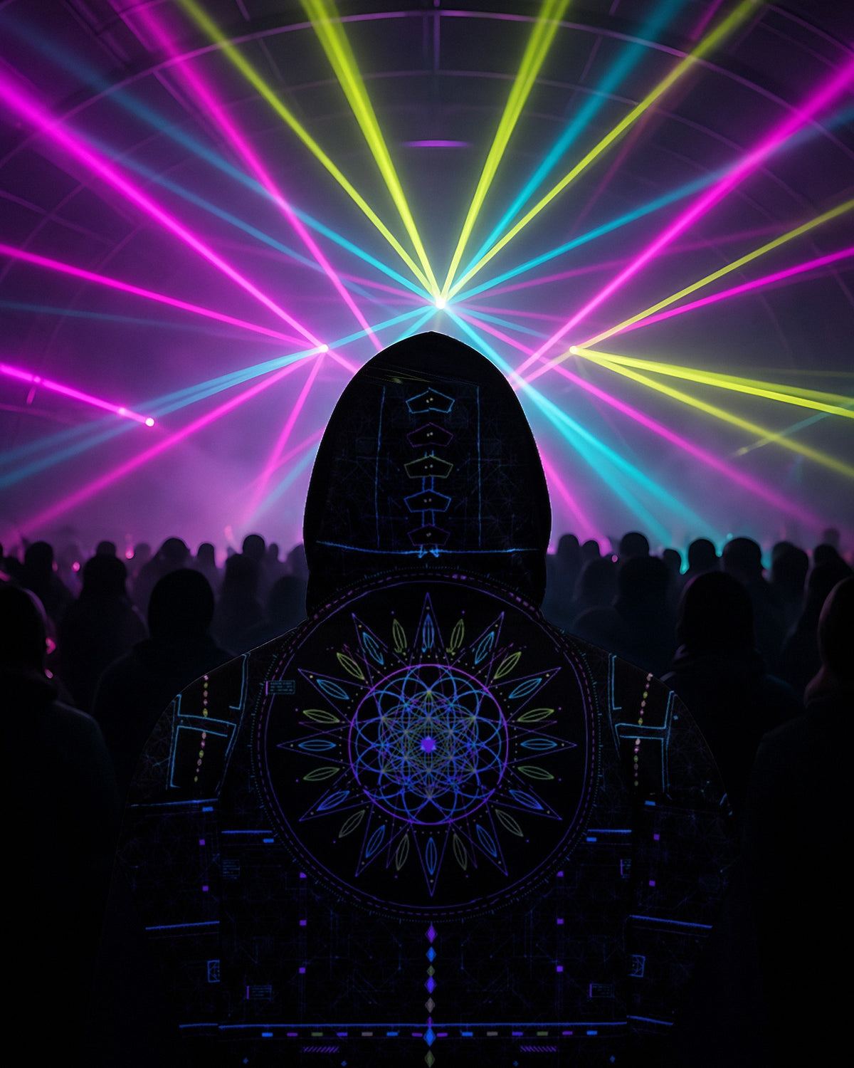 Metatron Pulse hoodie back under laser show, crowd from behind