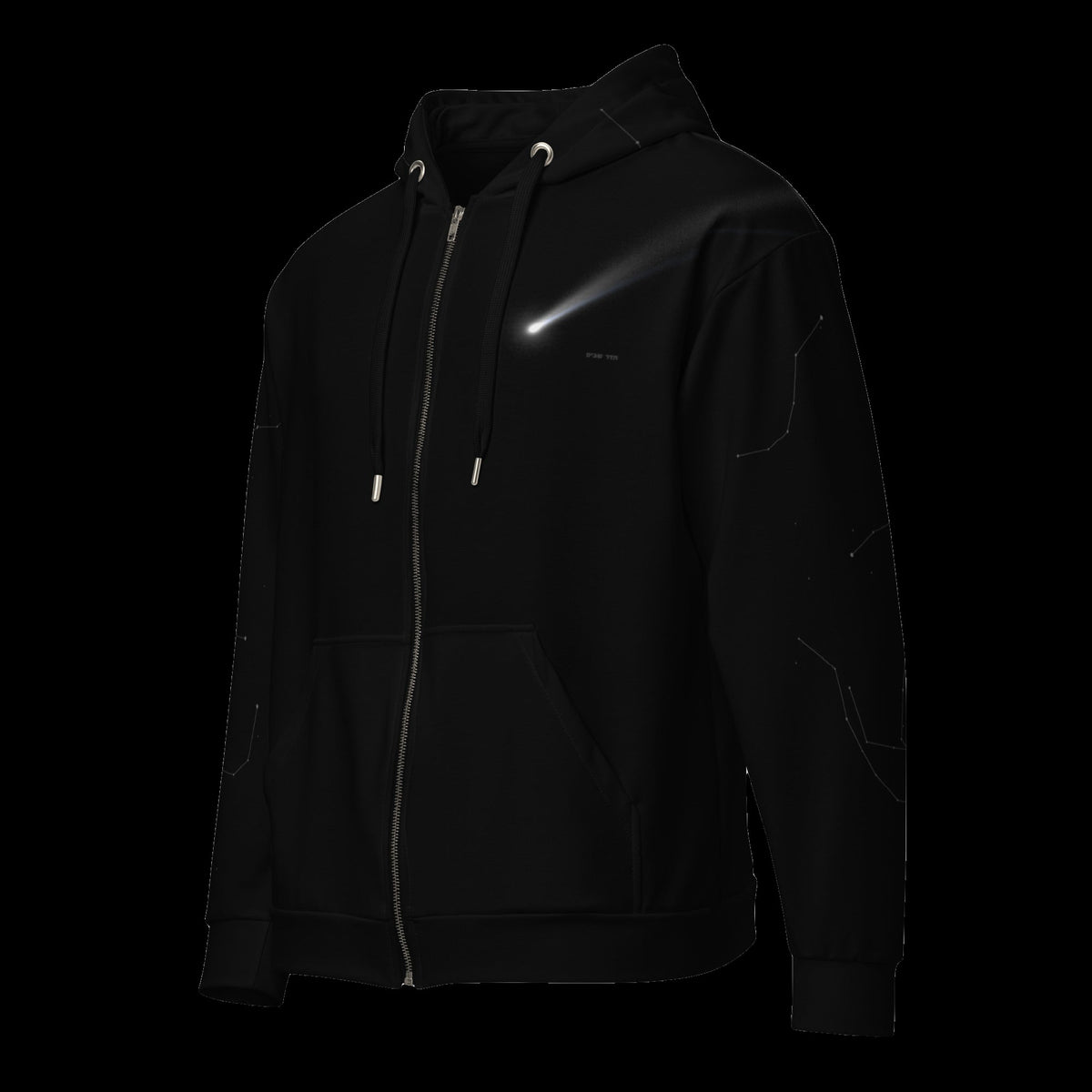 Last Call Zip Hoodie: black rave zip hoodie with white comet design on the chest, left front view