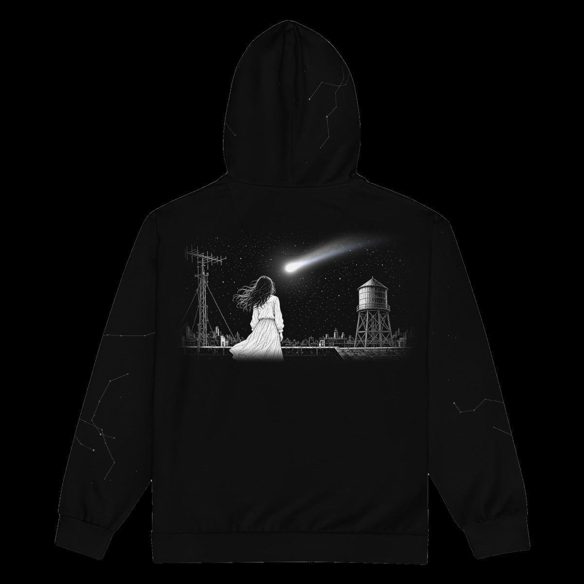 Last Call Zip Hoodie: black rave zip hoodie with comet over girl and water tower night scene, back view