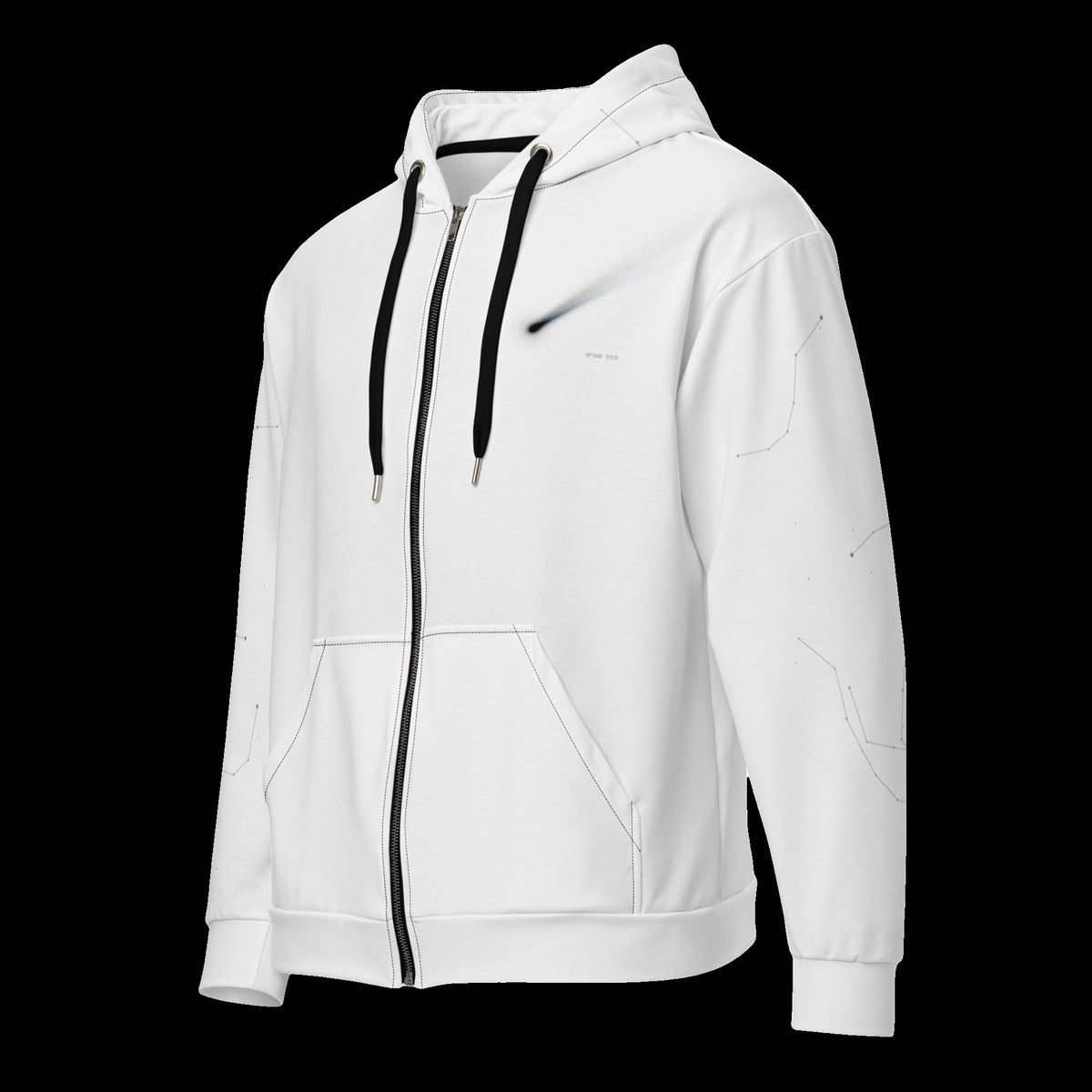 Last Call Zip Hoodie: white rave zip hoodie with black comet design on the chest, left front view